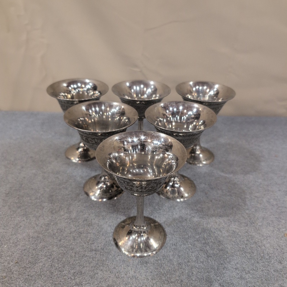 Worldgift India Etched Silver Tone Metal Cordial Goblets Set of 6 Floral Stems - Picture 1 of 7